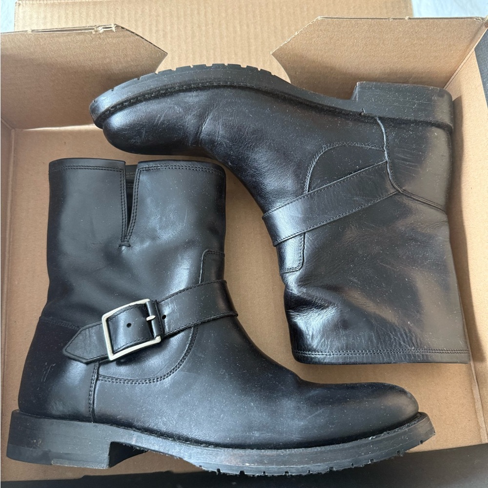 FRYE Natalie Leather Short Engineer Boots in Black Leather